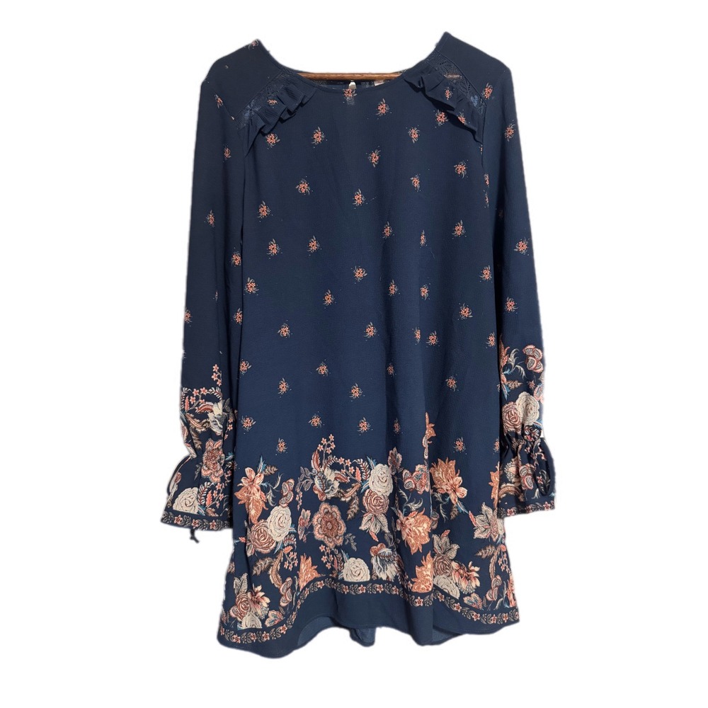 Xhilaration Floral Shift Dress Womens Large Navy Blue Excellent Ruffle Sleeve